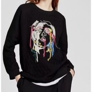 Zara Basic Denim Women Small Abstract Face Embroidered Art To Wear Black Sweater
